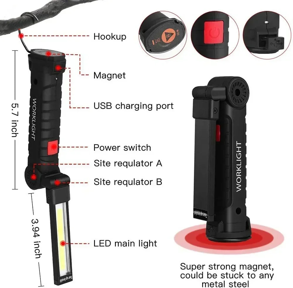 New COB LED Flashlight USB Rechargeable Built-in Battery Portable Working Light Magnetic Lantern Hanging Lamp Camping Torch