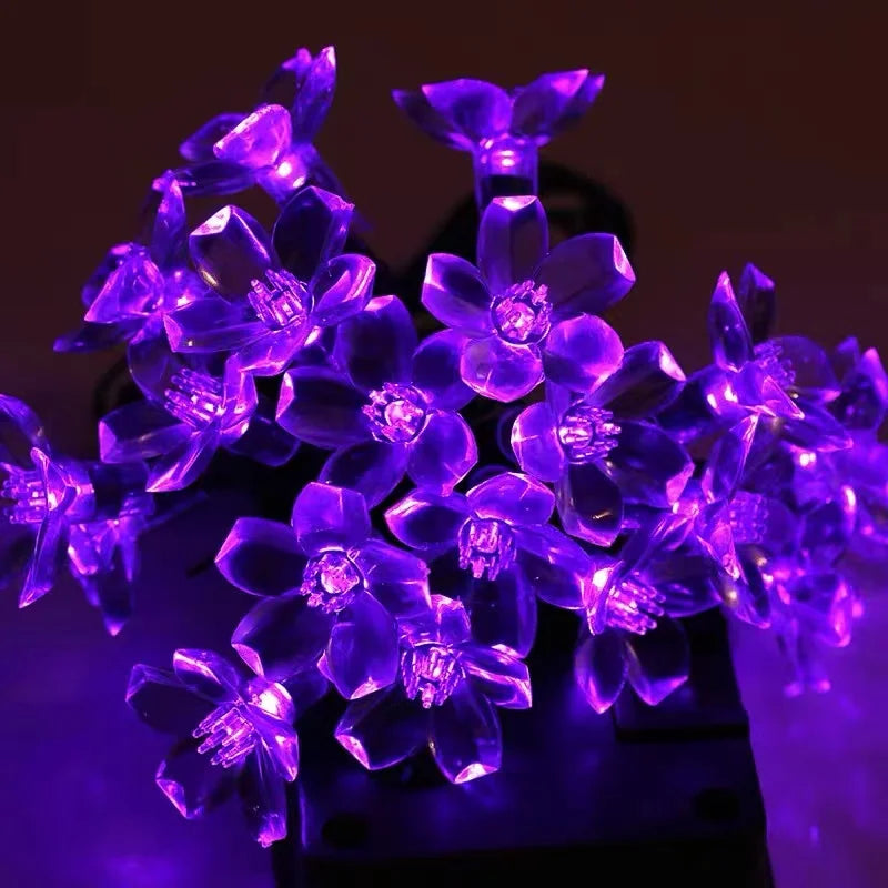 Outdoor Courtyard Solar Fairy Lights Cherry Blossoms String Lighting Lamp for Backyard Garden Lawn Fence Patio Christmas Decor
