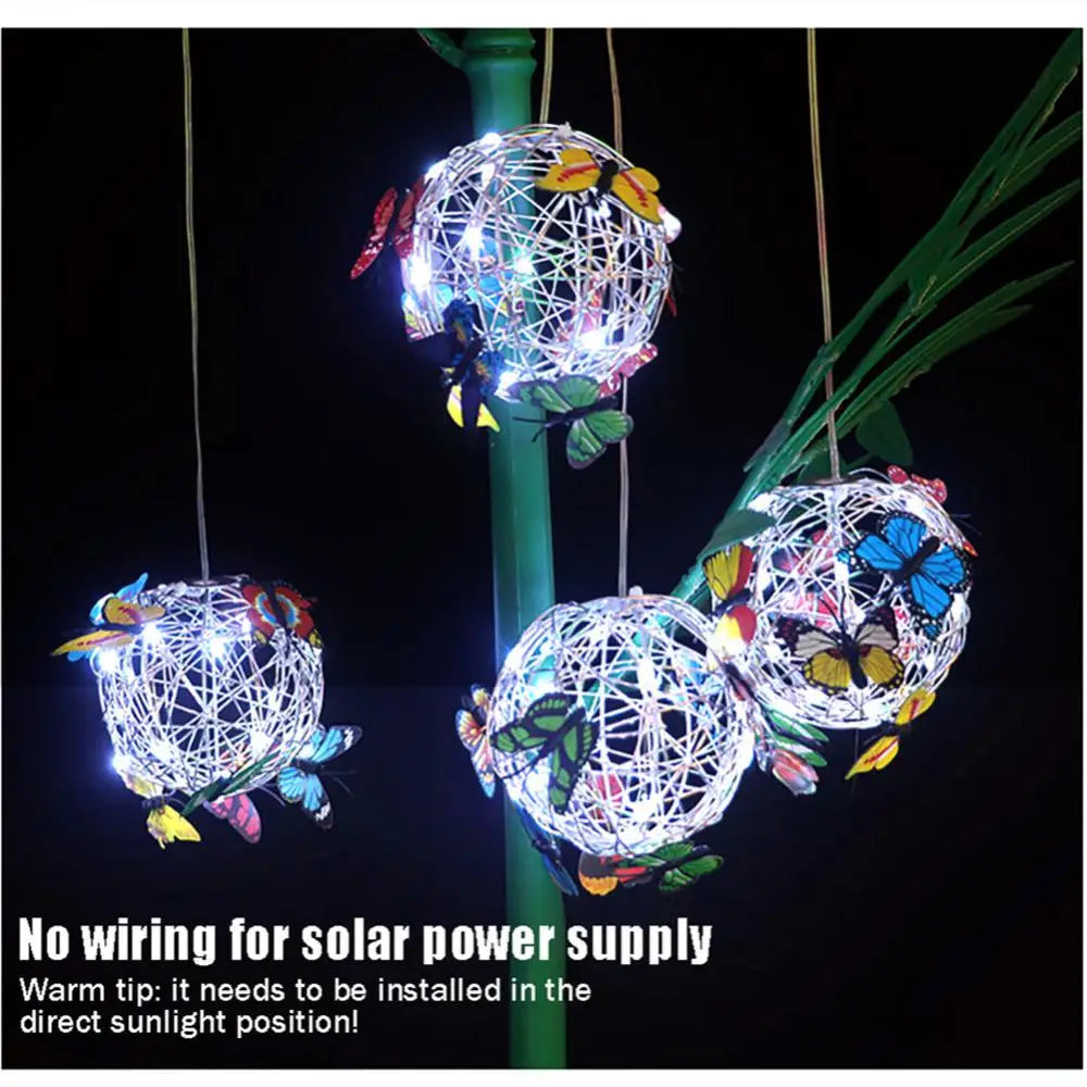 Garden Hanging Solar Light Round Ball Light With Butterfly Waterproof Metal Weaving Hanging Lamp Home Decorative Nightlight