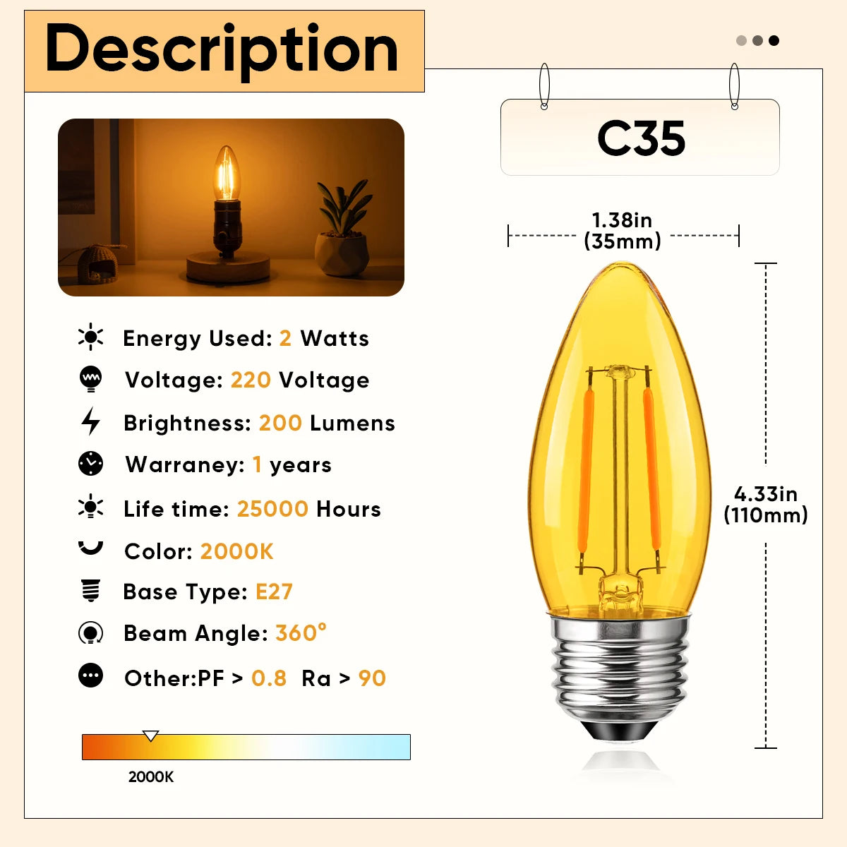 Amber Candle C35 E27 Led Bulb 220V 2W Dimmable 2000K Warm White Replaceable Chandelier Indoor Retro Filament Lamp Vintage Decor
