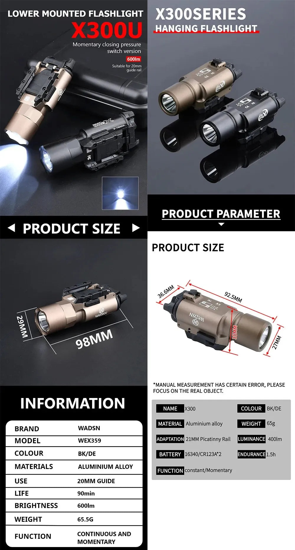 WADSN Metal Tactical X300U X300 Ultra XH35 X300UH-B Pistol Light Hunting Scout Strobe Flashlight Accessories Fit 20mm Rail