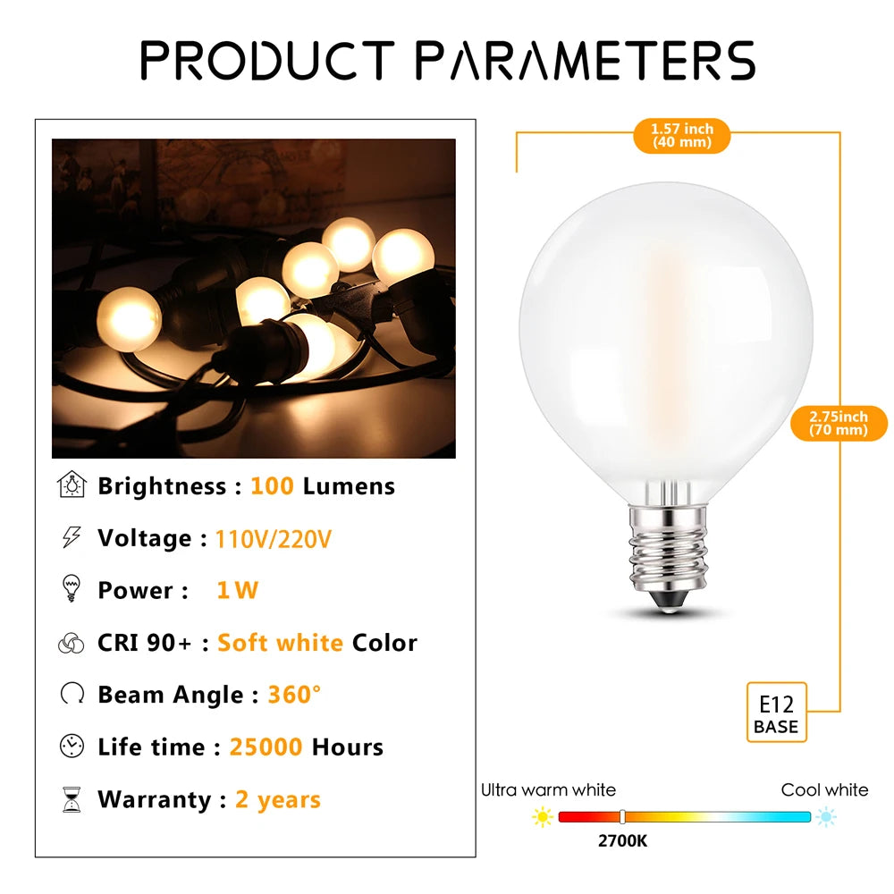 Vintage Globe Led Bulbs G40 Frosted Milky Glass 1W E12 Base 2700K Warm White Replacement Bulbs For String Light Party Decoration