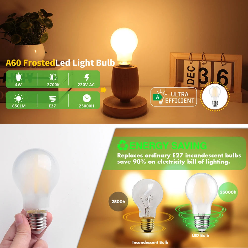2PCS 4W LED Light Bulb E27 220V A Level Energy Efficiency 850 Lumens Equivalent 60W Incandescent Vintage Edison Led Bulb A60
