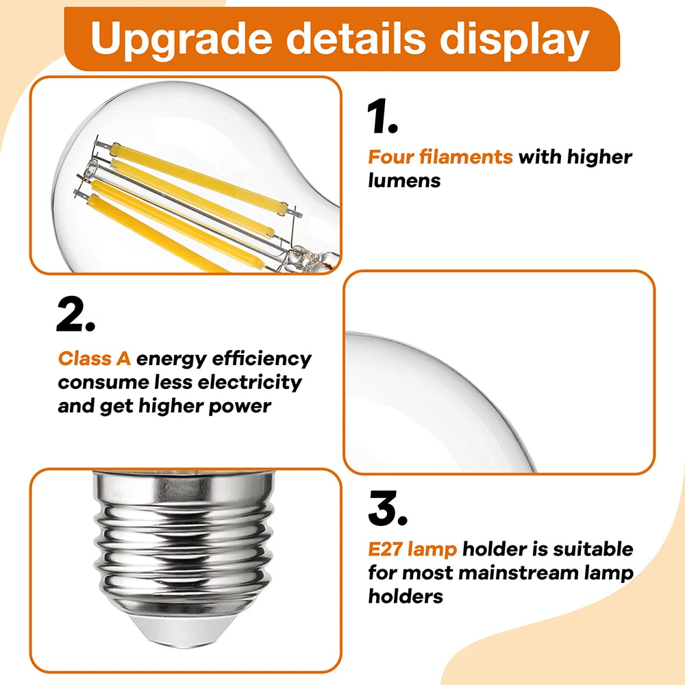 2PCS 4W LED Light Bulb E27 220V A Level Energy Efficiency 850 Lumens Equivalent 60W Incandescent Vintage Edison Led Bulb A60
