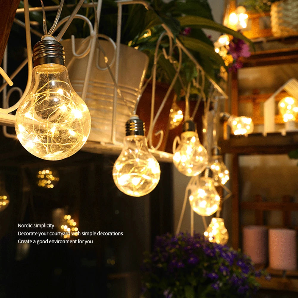 Solar Lights Outdoor Garden LED String Lights 10/ 20 Bulbs Copper Wire Bulbs Garland Decoration Camping Lighting Solar Lamp