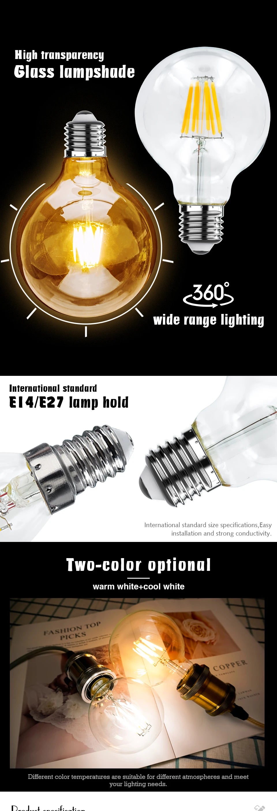 LED Filament Bulb E27 Retro Edison Lamp 220V 2W 4W 6W 8W E14 Vintage Candle Light Globe Chandelier Lighting COB Home Decor Light