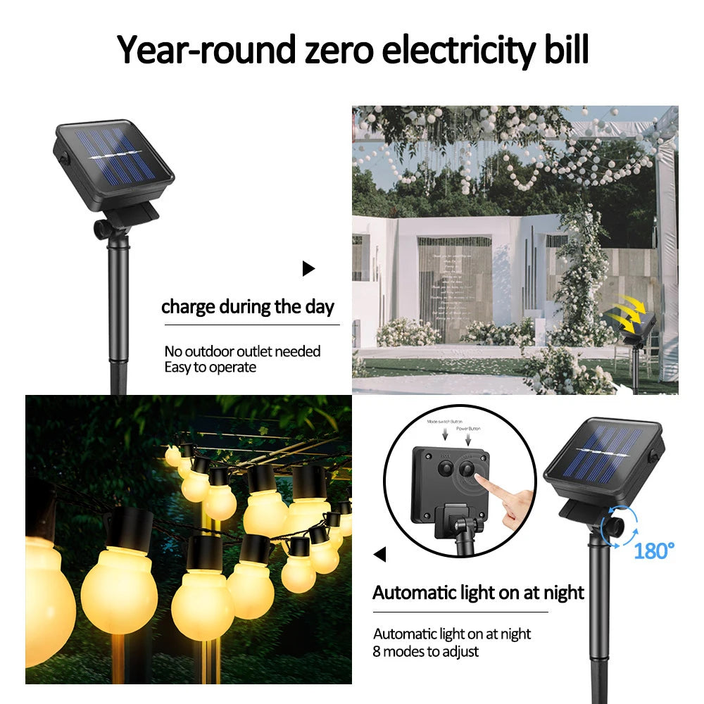 G50 Patio Solar String Lights Outdoor, Warm/ Colorful Globe Bulb LED Fairy Garland Lamp for Wedding, Christmas, Backyard, Party
