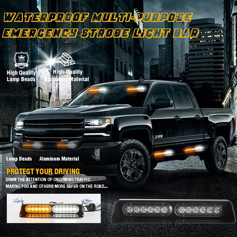 2Pcs Visor Emergency Dashboard Strobe Light Front Rear Windscreen Strobe Lamp with Suction Cup For Construction Vehicles Trucks