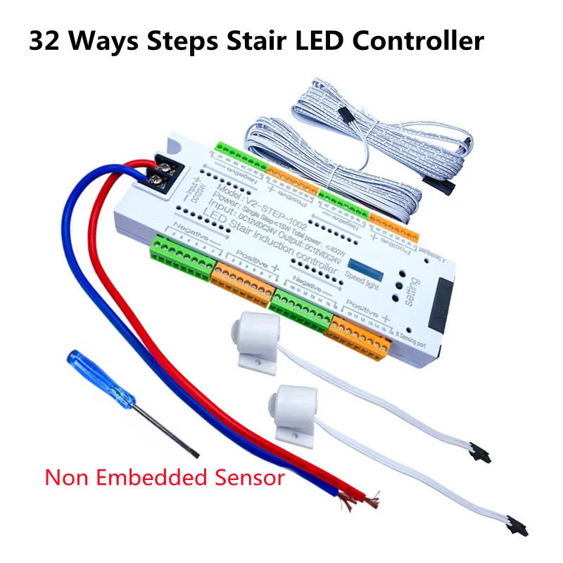 Stair PIR Motion Sensor LED Strip 12V SMD 5050 Lamp Tape + 32 Channels Staircase Step Controller + Power Supply + Connect Wire