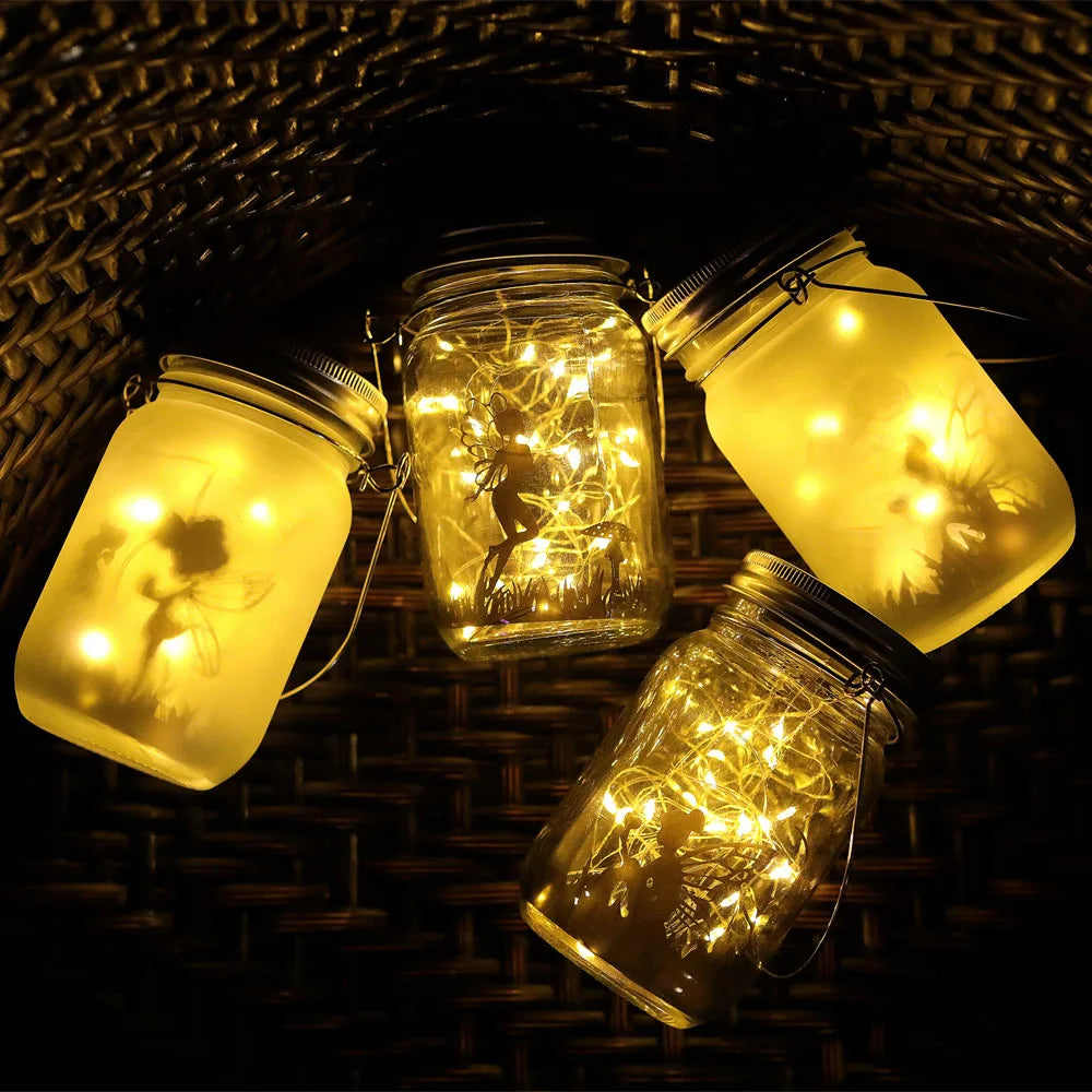 Solar Lantern Fairy Lights Garden Ornament Outdoor Hanging Frosted Tree Table Yard Patio Lawn Portable Glass Mason Jar Lamp