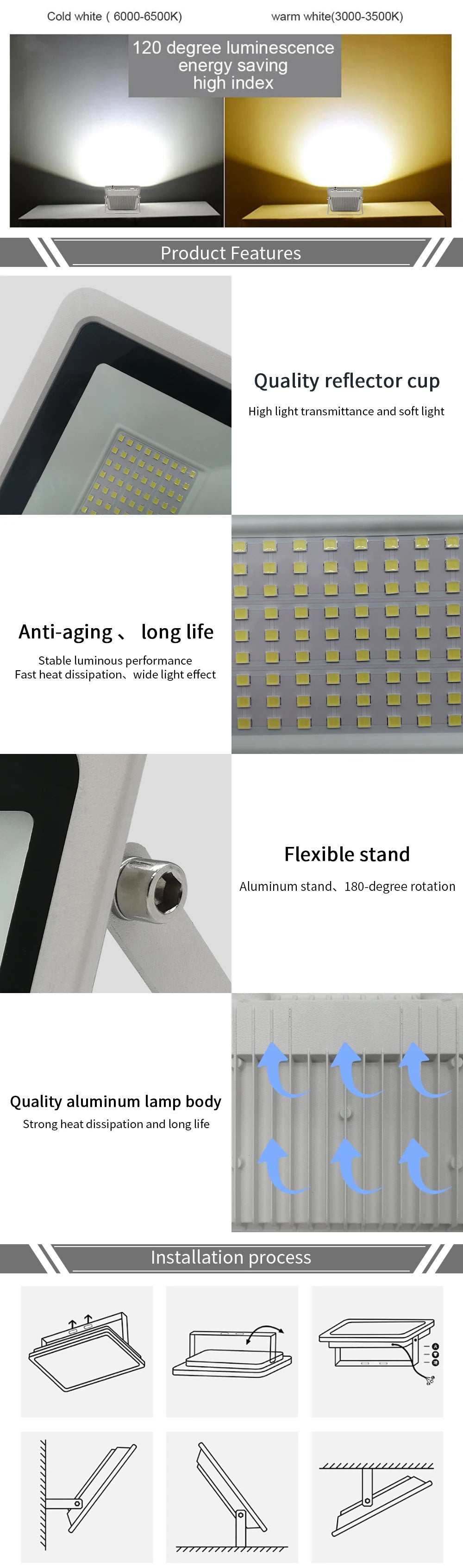 White LED Flood Light 100W 50W 30W 20W 10W AC 220V Outdoor Waterproof Reflector Spotlight Street Light Wall Lamp Garden Lighting
