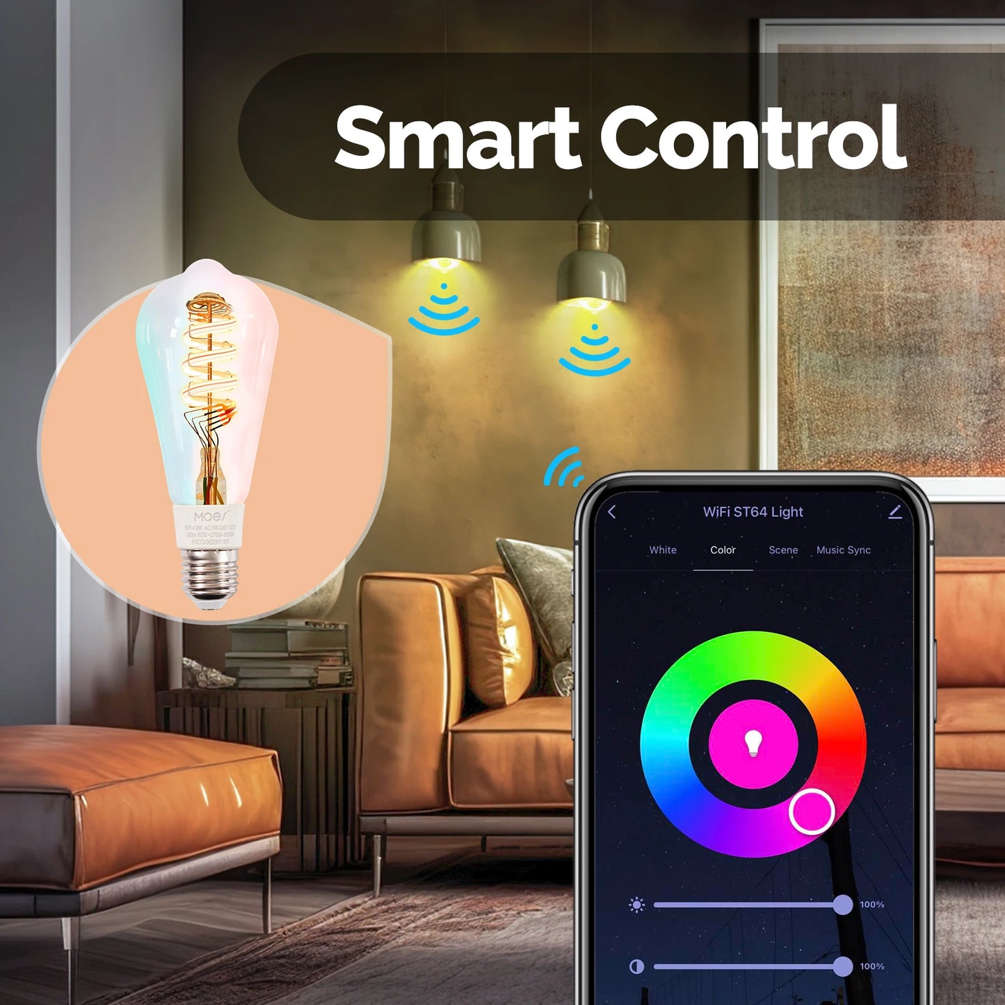 MOES Tuya WiFi Smart ST64 Edison LED Light Bulbs 16 Million RGB Color Changing 2700K-6500K Dimmable Work with Alexa/Google Home