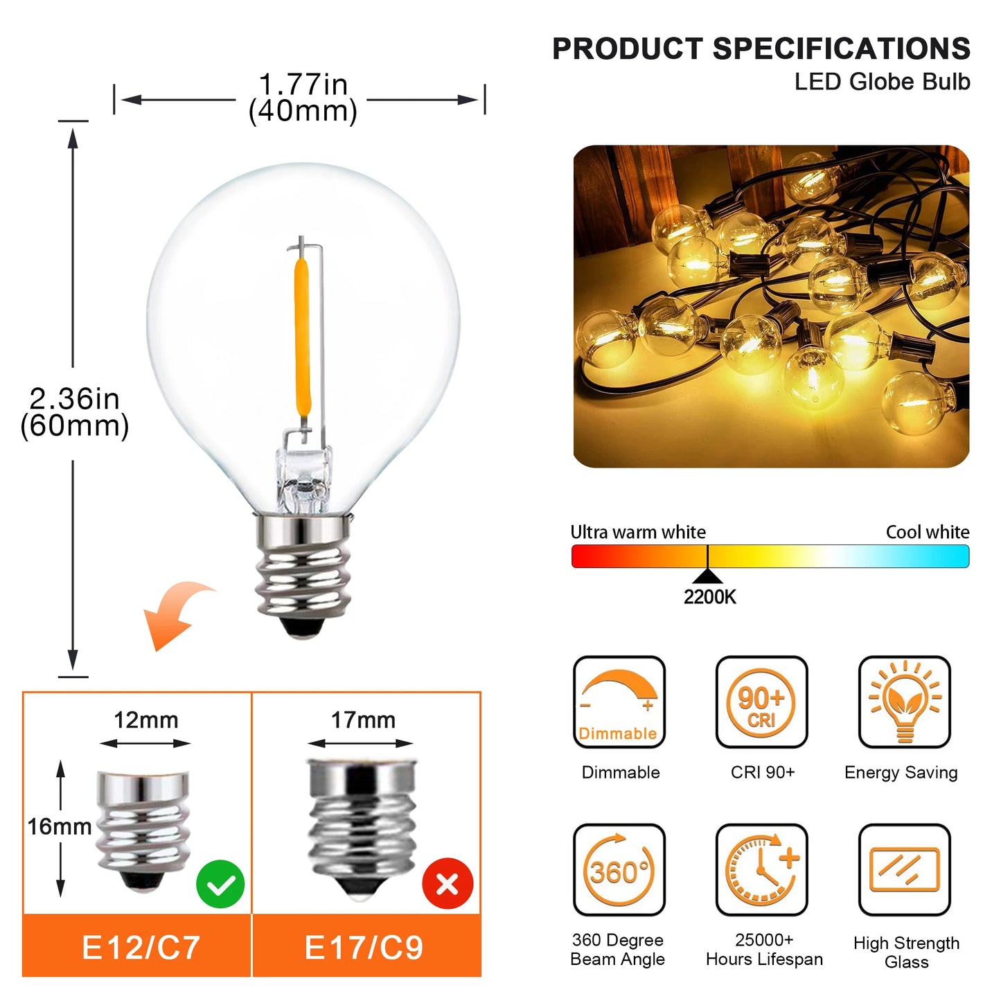 Sphoon 7.6M 50FT G40 Fairy Lights Outdoor Clear Glass Bulbs E12 C7 Base Dimmable IP44 Waterproof Patio Decorative Lights Chain