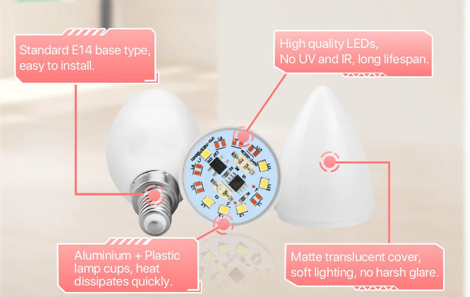 6 Pack E14 Candle Bulb 220V Warm White 3000K Cool White 6500K 5W 545lm 160°Beam Angle C37 Screw Light Bulbs