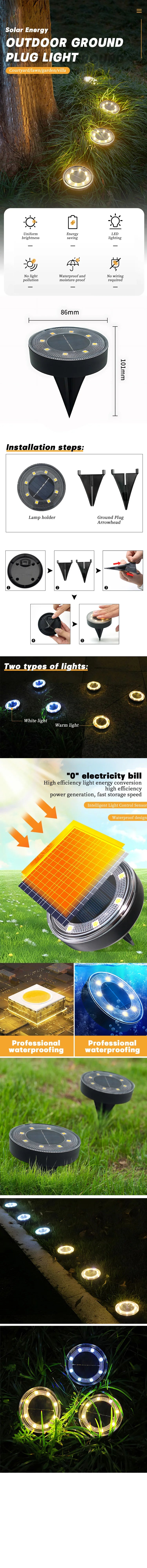 Outdoor LED Solar Power Disk Light New Solar Power Ground Light Waterproof Deck Light Spotlight Buried Lamp Garden Decoration