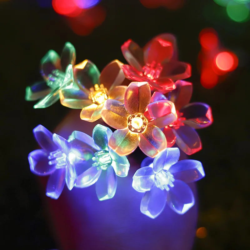Outdoor Courtyard Solar Fairy Lights Cherry Blossoms String Lighting Lamp for Backyard Garden Lawn Fence Patio Christmas Decor