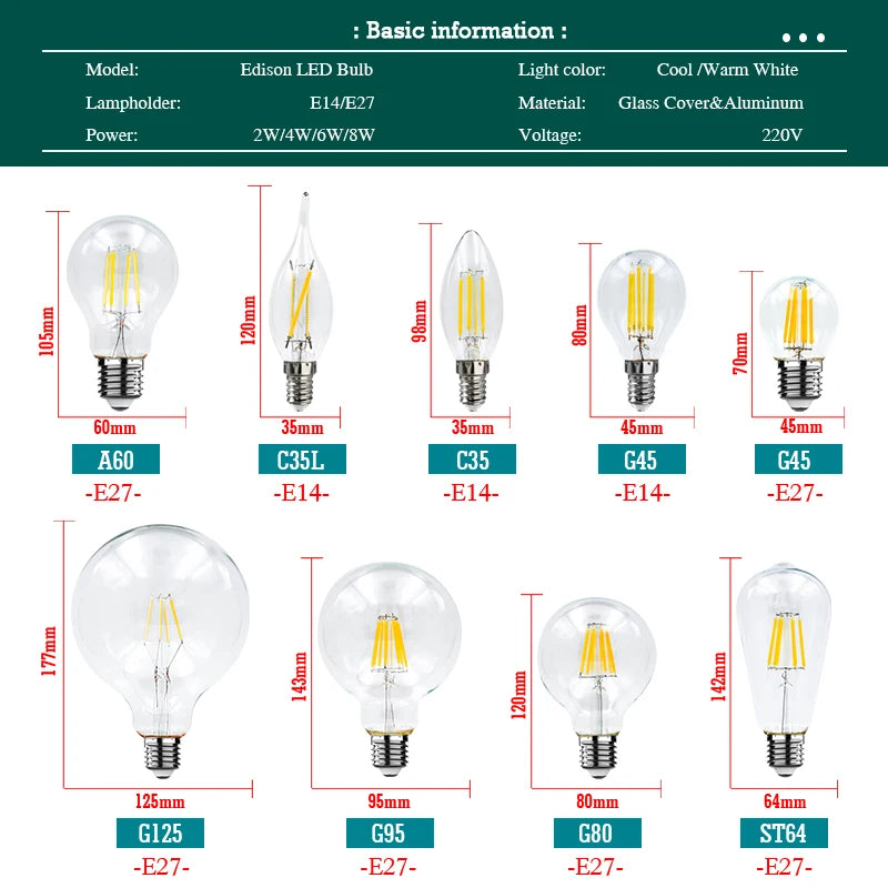 LED Filament Bulb E27 Retro Edison Lamp 220V 2W 4W 6W 8W E14 Vintage Candle Light Globe Chandelier Lighting COB Home Decor Light
