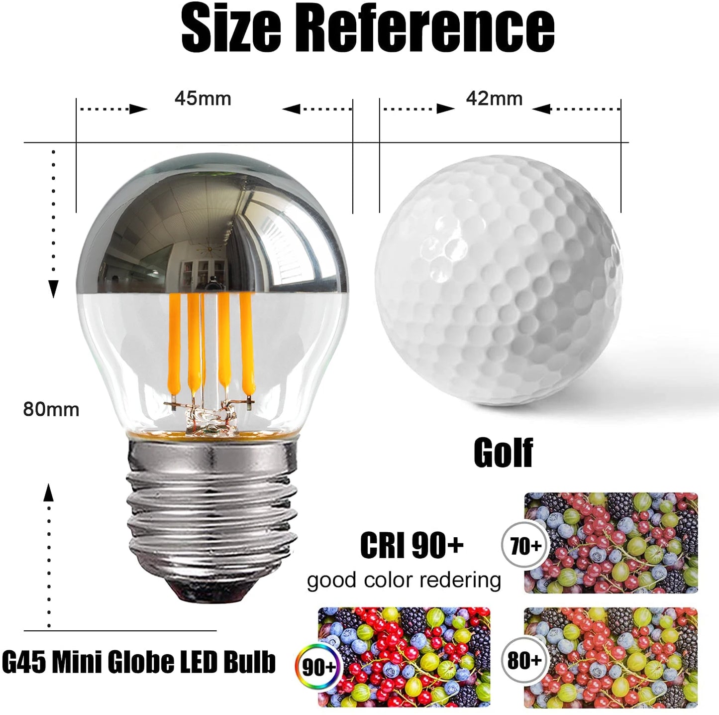 Vintage E14 Led Bulb Silver Mirror G45 4W Filament Light Bulb E27 Dimmable Replaceable Warm White Indoor Lights Decoration Home
