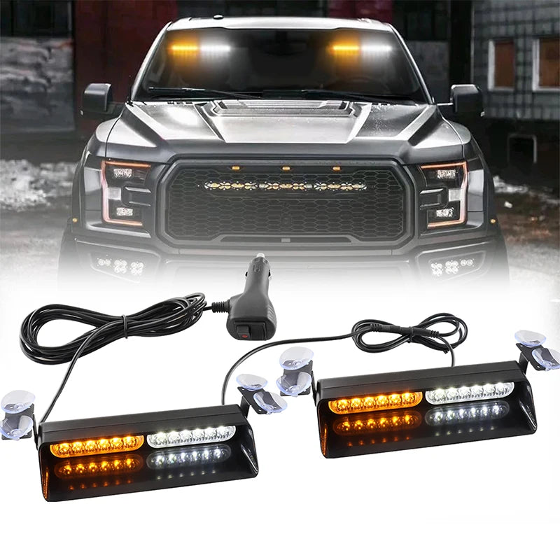 2Pcs Visor Emergency Dashboard Strobe Light Front Rear Windscreen Strobe Lamp with Suction Cup For Construction Vehicles Trucks
