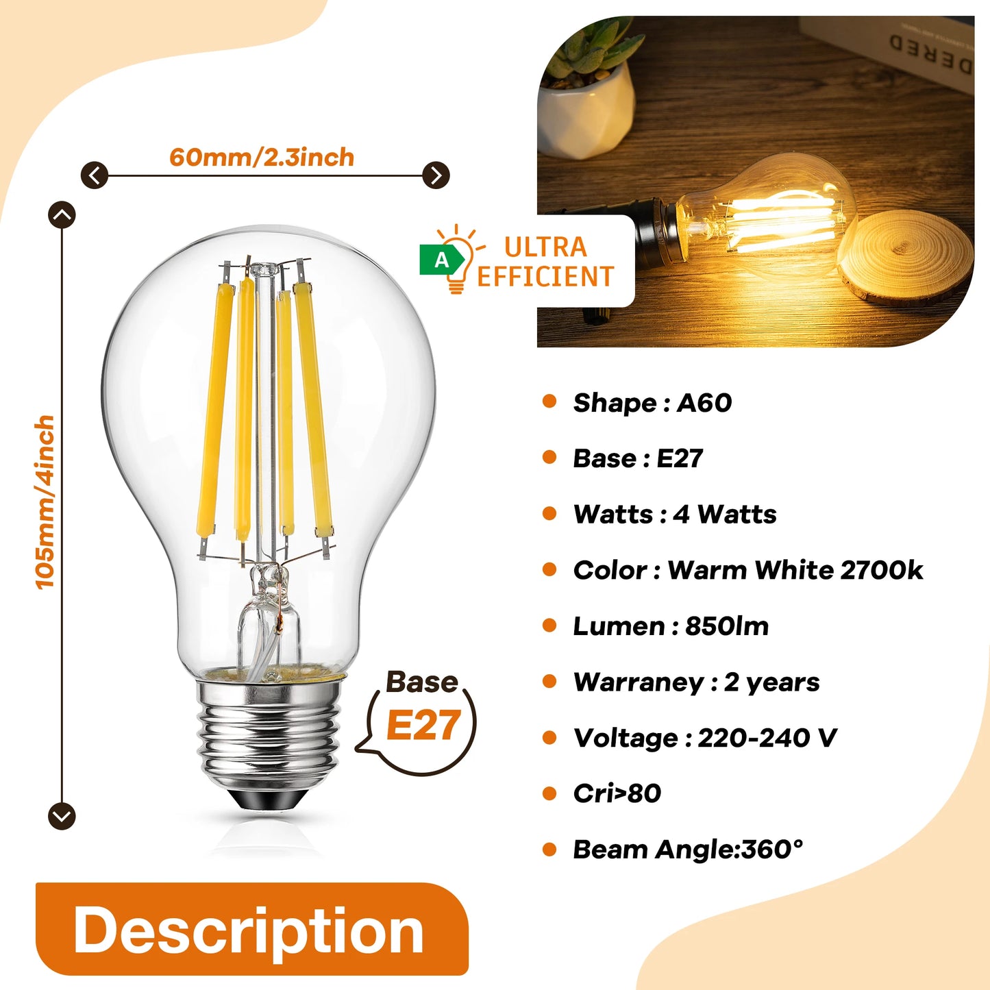 2PCS 4W LED Light Bulb E27 220V A Level Energy Efficiency 850 Lumens Equivalent 60W Incandescent Vintage Edison Led Bulb A60