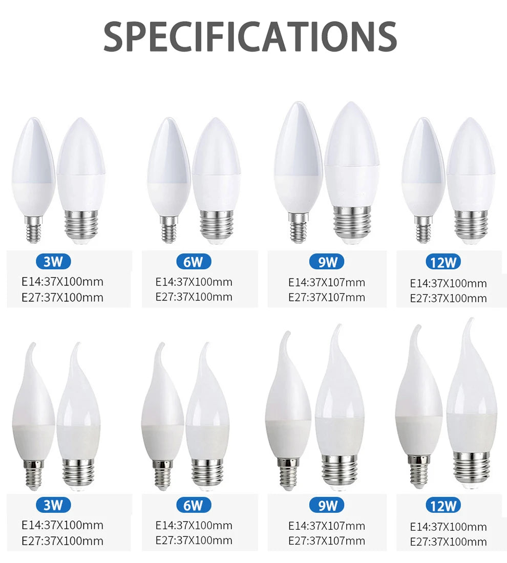 10pcs 2022 NEW Led Light Bulb E14 E27 LED Lamp lndoor Light 3W 6W 9W12W LED Candle Bulb Home Decor Chandelier AC220 Lampada