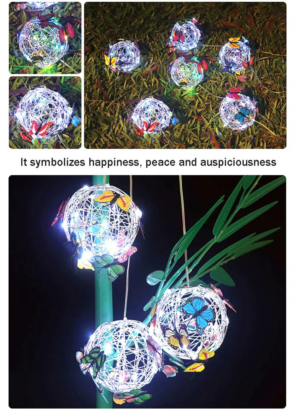 Garden Hanging Solar Light Round Ball Light With Butterfly Waterproof Metal Weaving Hanging Lamp Home Decorative Nightlight