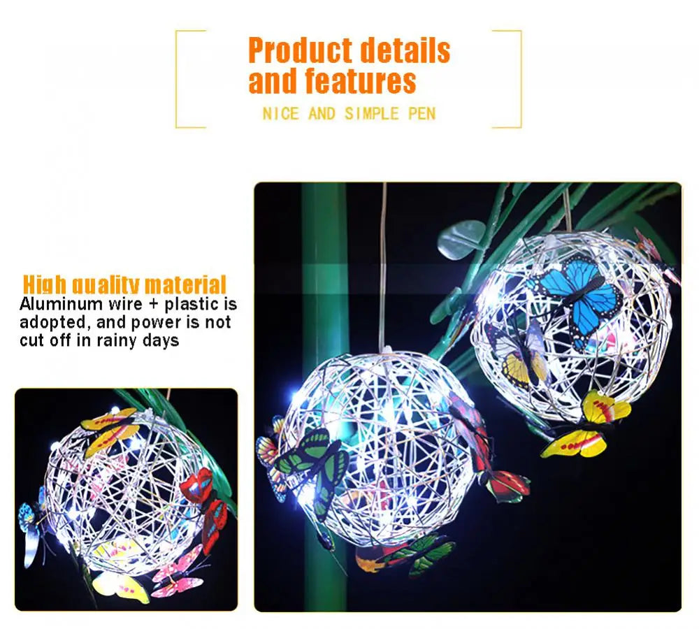 Garden Hanging Solar Light Round Ball Light With Butterfly Waterproof Metal Weaving Hanging Lamp Home Decorative Nightlight