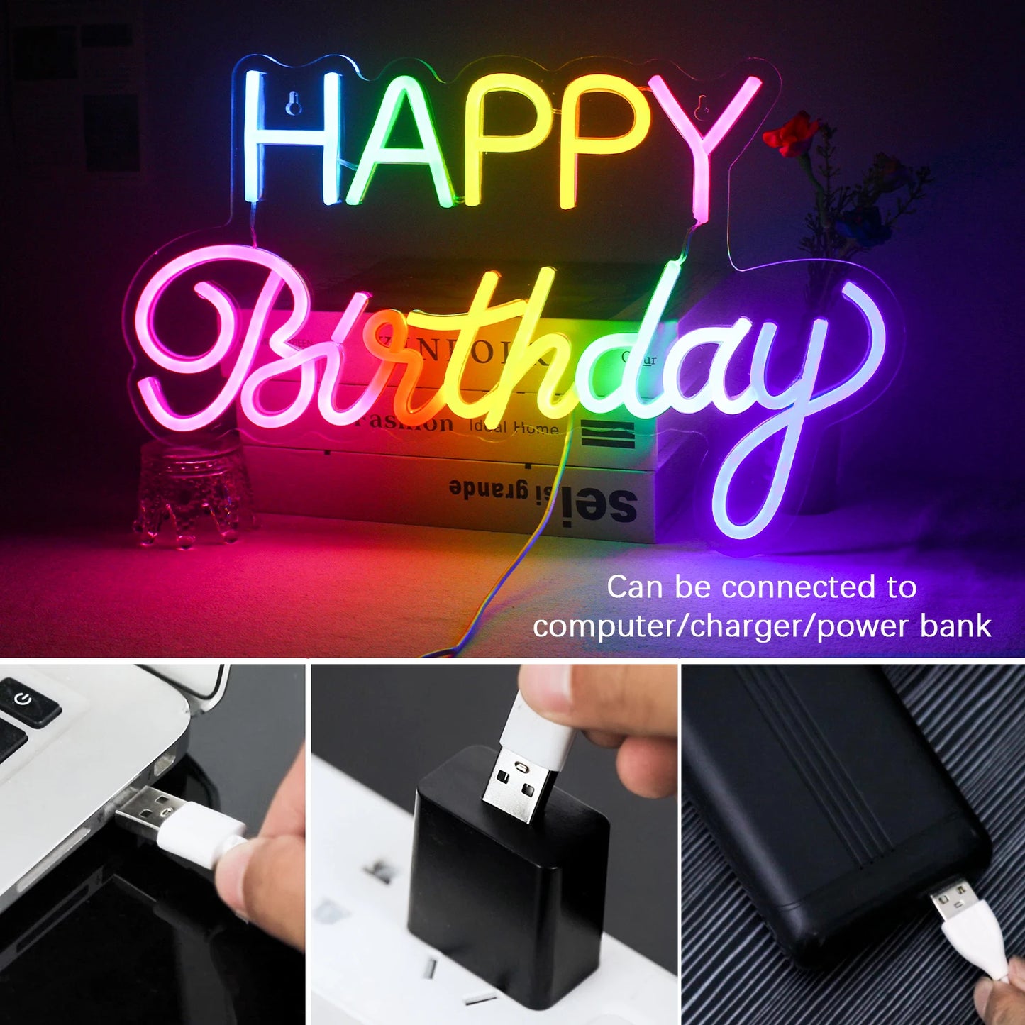 Color Happy Birthday Neon Sign for Wall Decor LED Happy Birthday Light Up Sign for Birthday Party USB Neon Light Boys and Girls