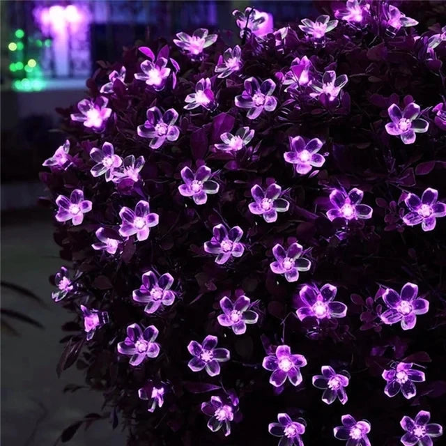 Outdoor Courtyard Solar Fairy Lights Cherry Blossoms String Lighting Lamp for Backyard Garden Lawn Fence Patio Christmas Decor