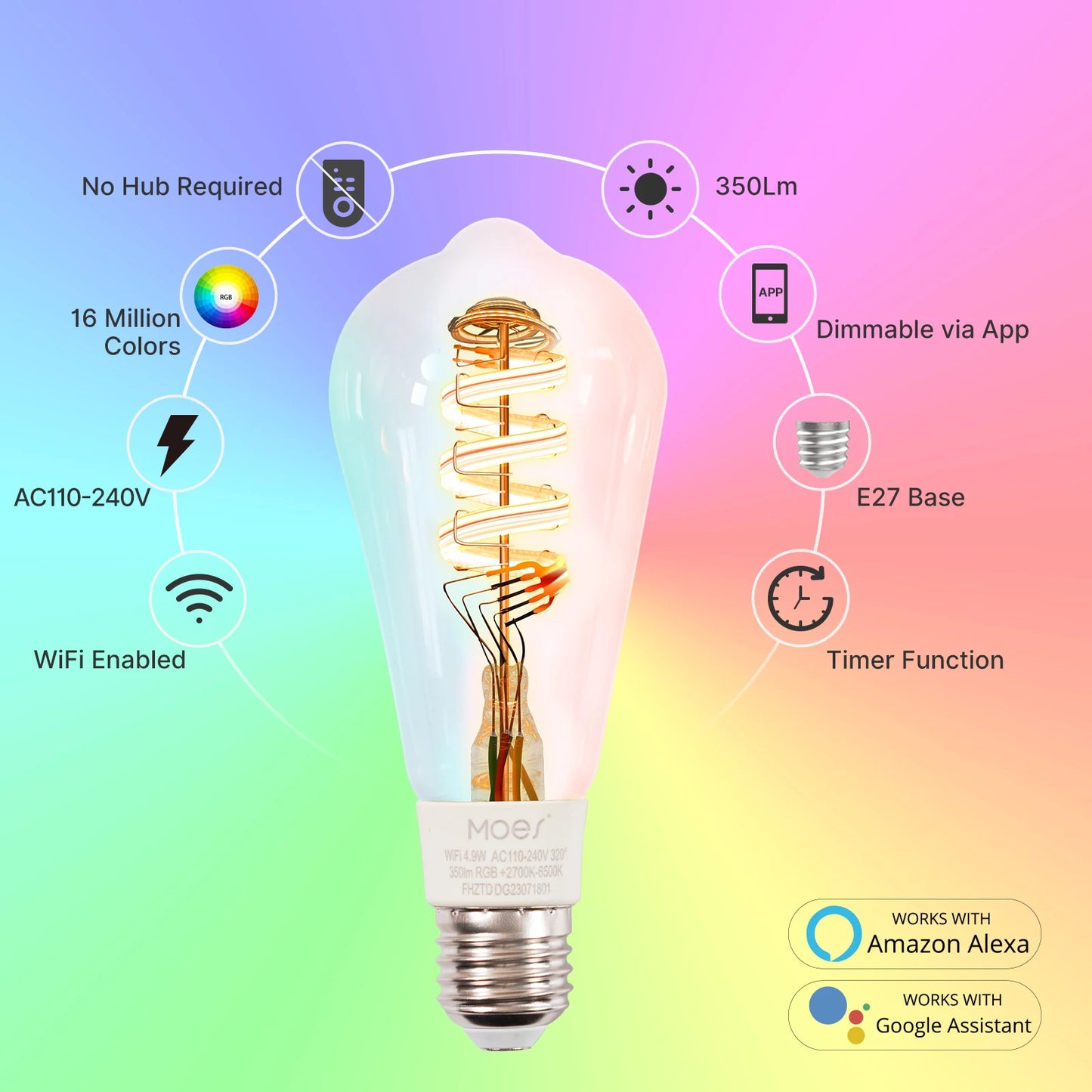 MOES Tuya WiFi Smart ST64 Edison LED Light Bulbs 16 Million RGB Color Changing 2700K-6500K Dimmable Work with Alexa/Google Home