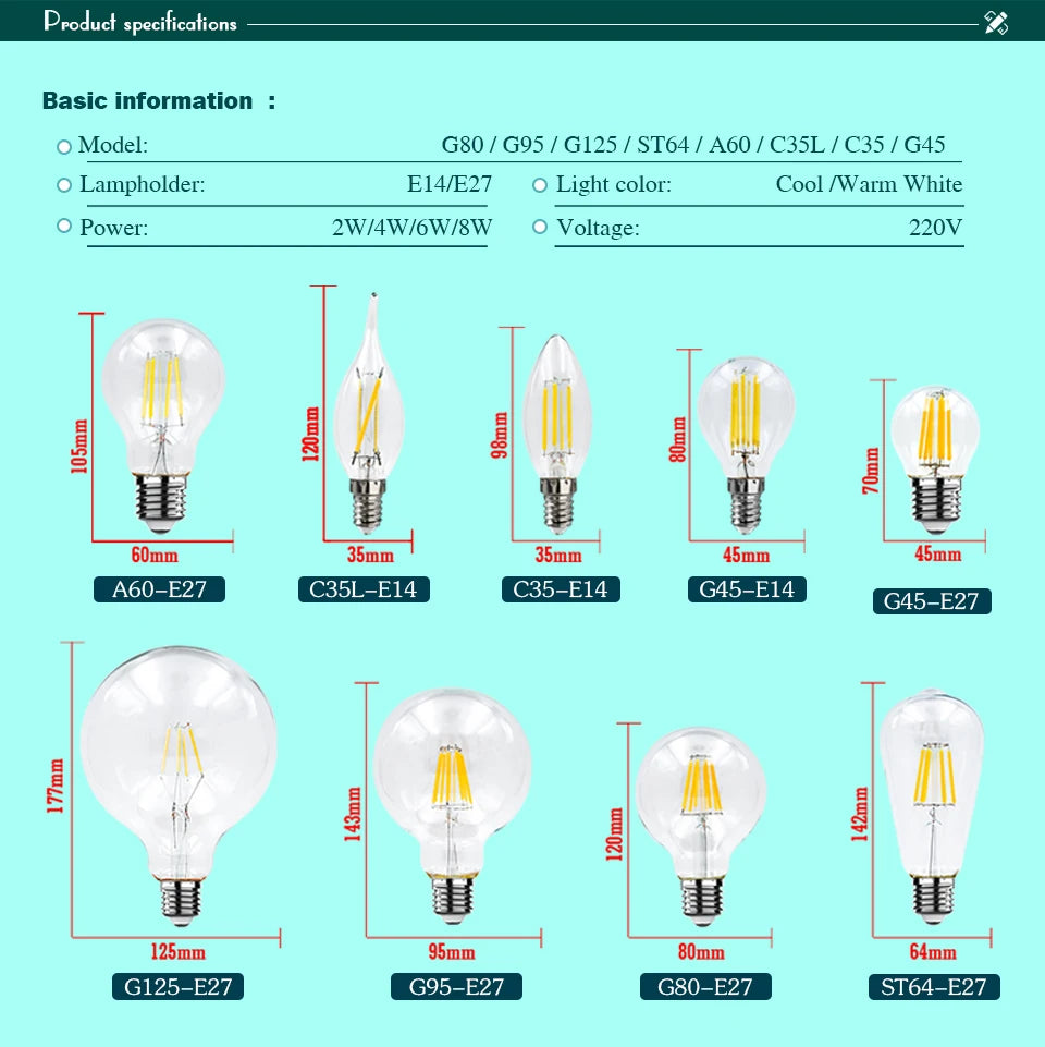4pcs/lot Retro Edison LED Light Bulb E14 E27 AC220V 2W 4W 6W 8W Glass Vintage Filament Lampada Led Lamp Cold/Warm White Lighting