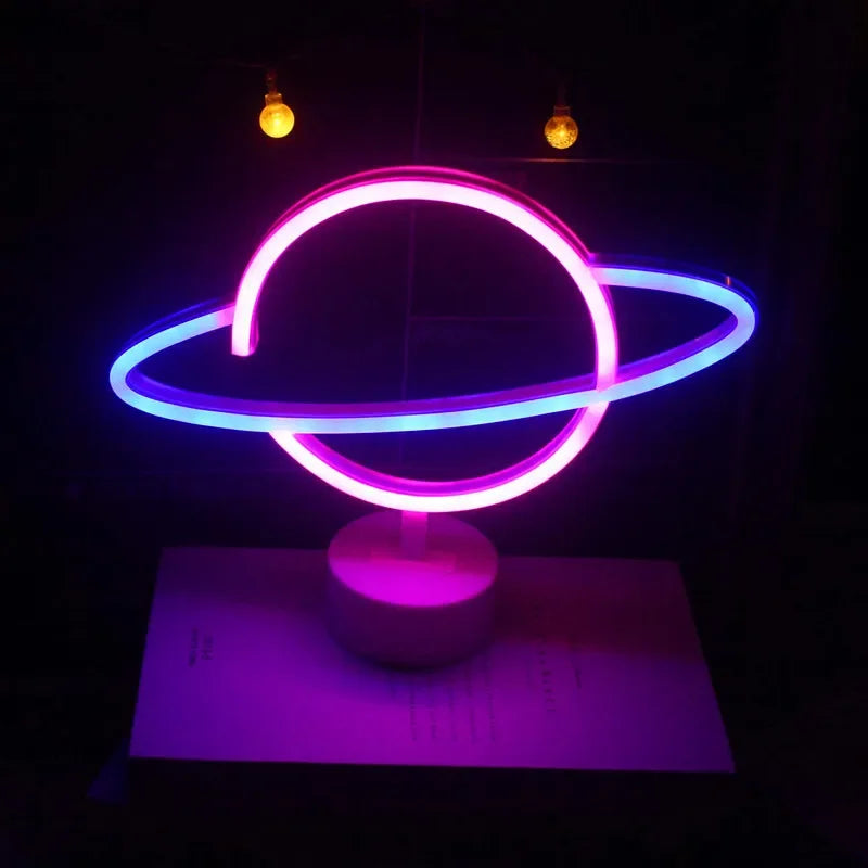 Planet LED Lights Neon Rocket Alien Bedroom Decor Night Lamp for Rooms Wall Art Bar Party Battery Powered with Stand