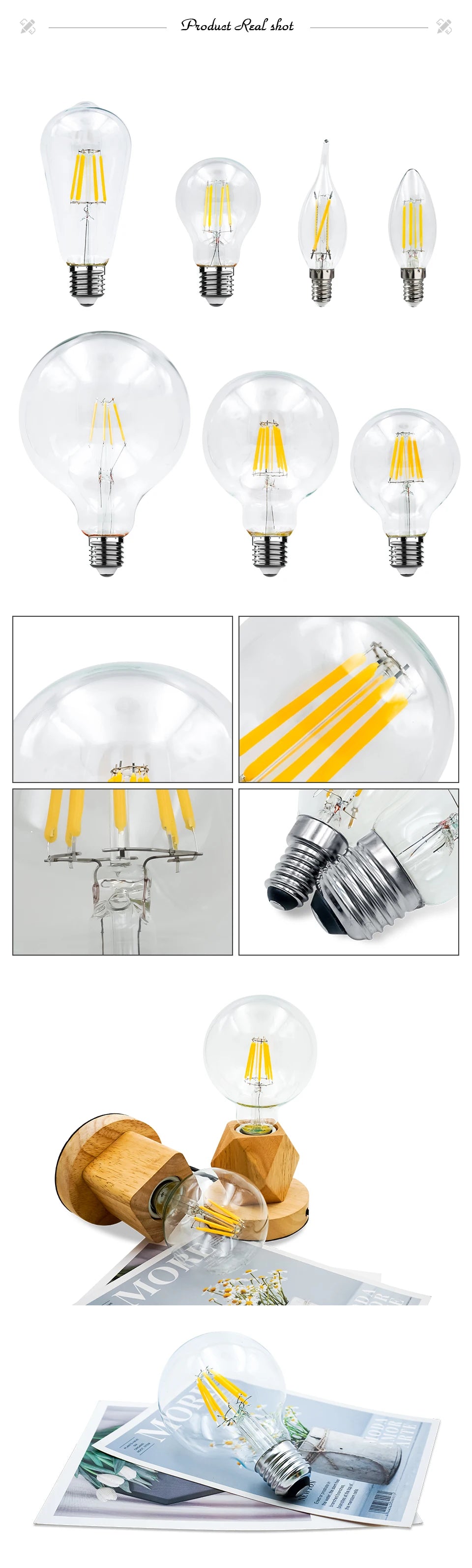 LED Candle Bulb E14 C35 Vintage Lamp LED E27 G45 A60 ST64 G80 G95 G125 AC220V LED Globe 2W 4W 6W 8W Filament Edison Light Bulbs