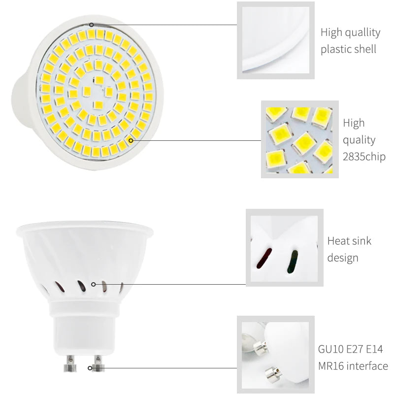 10Pcs/Lot GU10 MR16 LED Bulb E27 E14 LED Lamp AC 220V 240V 48 60 80 LEDs Spotlight Bulb Indoor Bombillas Lampada LED Spot light