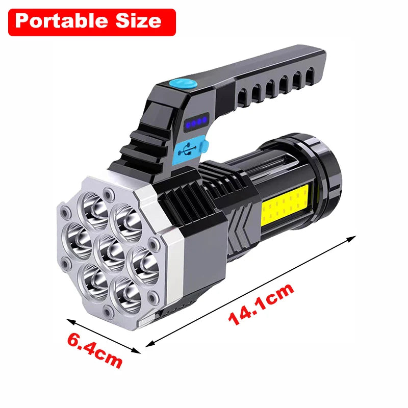 High Power 7 LED Flashlight USB Rechargeable Torch Handheld Portable Outdoor Camping Hiking Lamp ABS Material COB Side Light