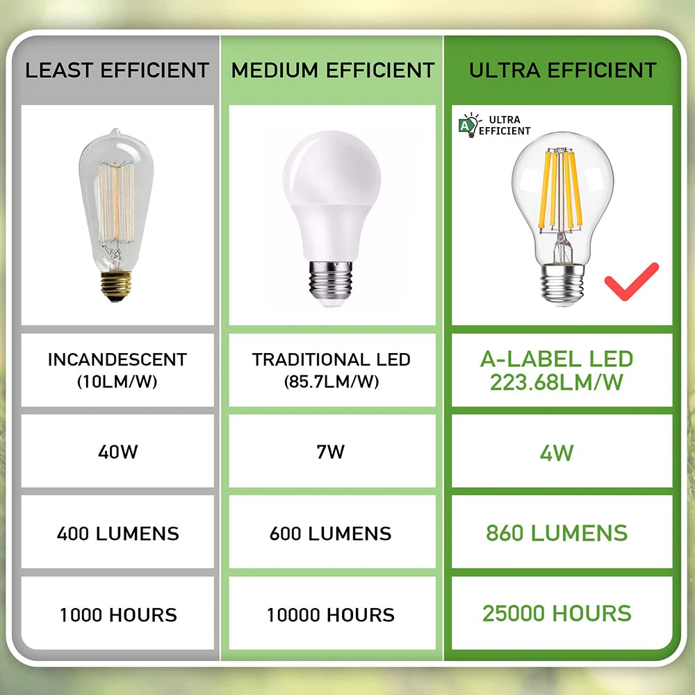 2PCS 4W LED Light Bulb E27 220V A Level Energy Efficiency 850 Lumens Equivalent 60W Incandescent Vintage Edison Led Bulb A60
