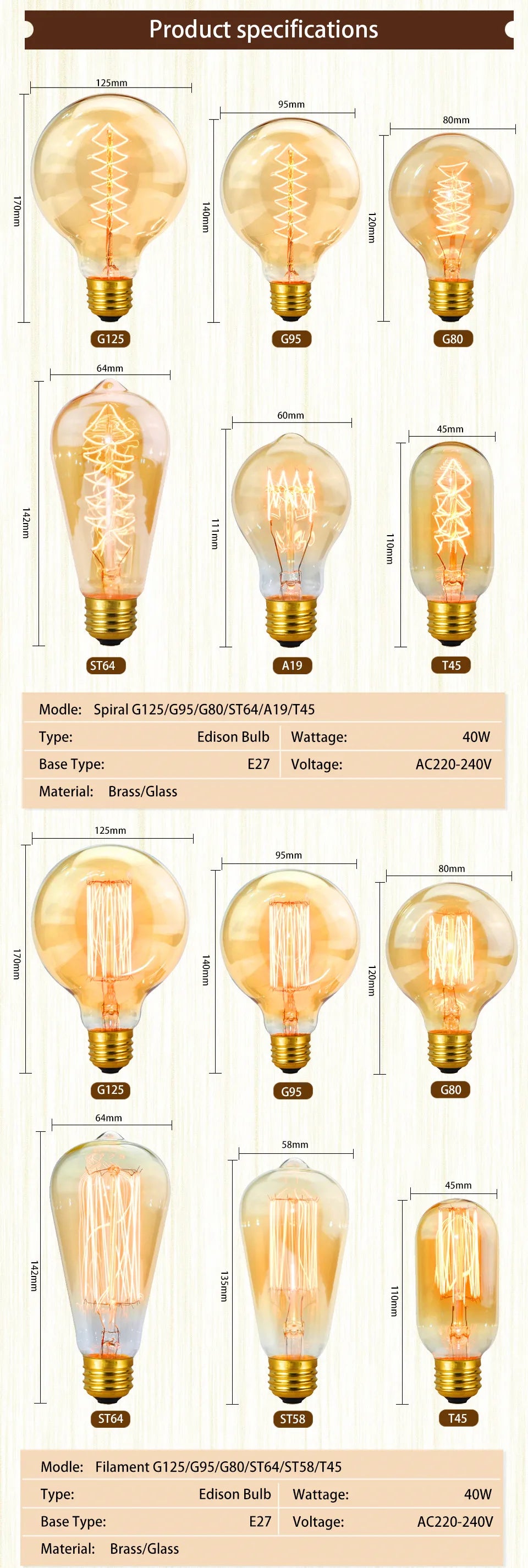 Retro Edison Light Bulb E27 220V 40W A19 A60 T10 T45 T185 ST64 G80 G95 Filament Vintage Ampoule Incandescent Bulb Edison Lamp