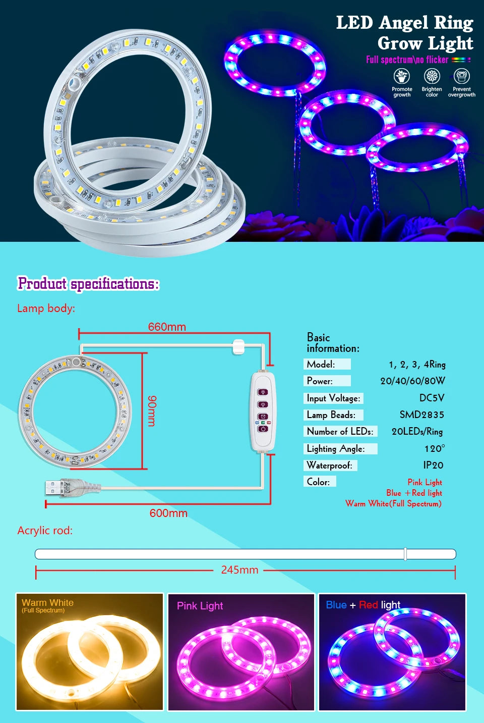 LED Angel Ring Grow Lights Full Spectrum Lamp for Plants Flowers Seedling Greenhouse DC5V USB Indoor Phytolamp Growth Light
