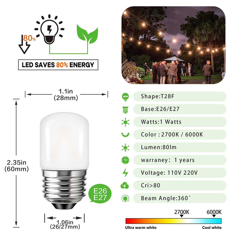 T28 Tubular Led Bulb E27 220V E26 110V 1W Frosted Dimmable Light Bulbs Living Room Pendent Decoration Night Light Replace Source