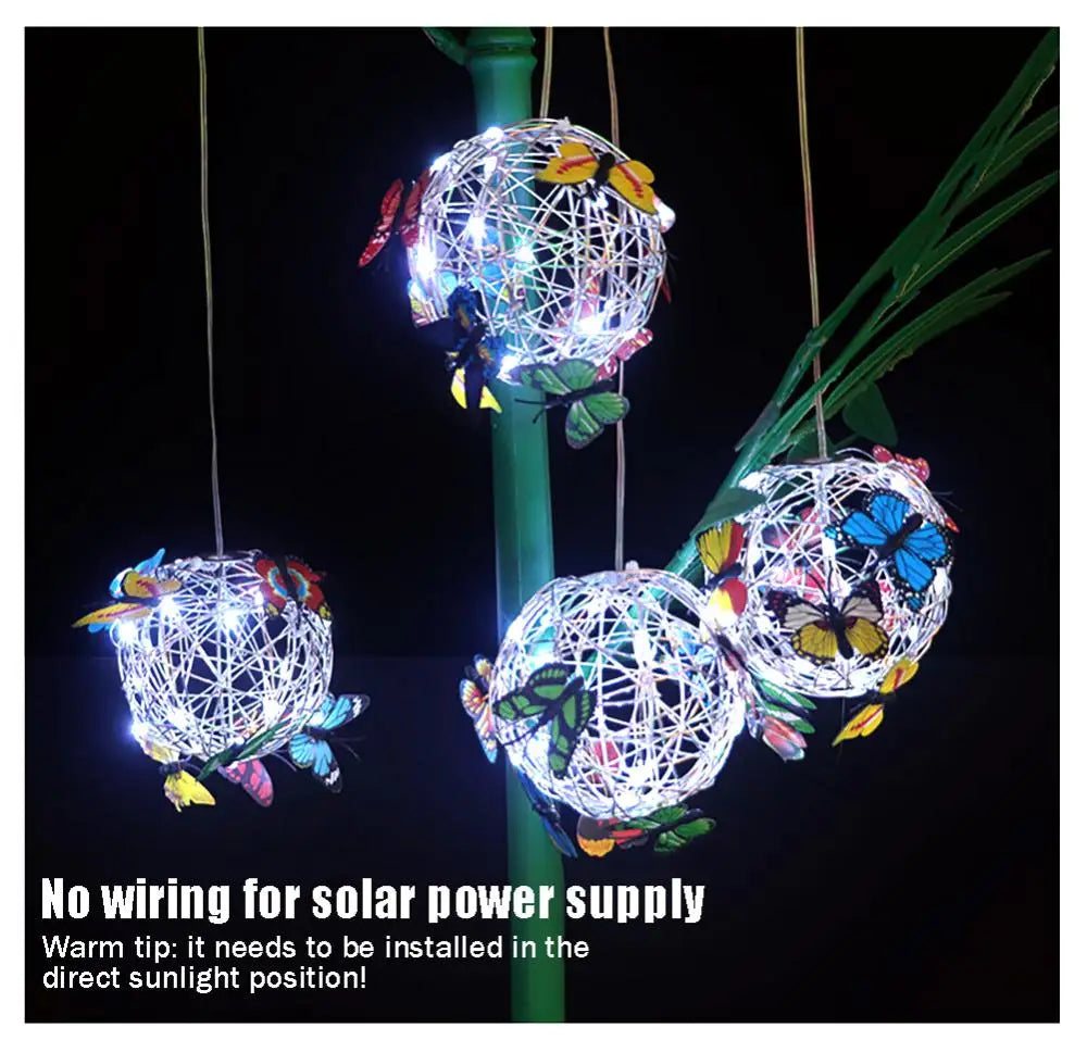 Garden Hanging Solar Light Round Ball Light With Butterfly Waterproof Metal Weaving Hanging Lamp Home Decorative Nightlight