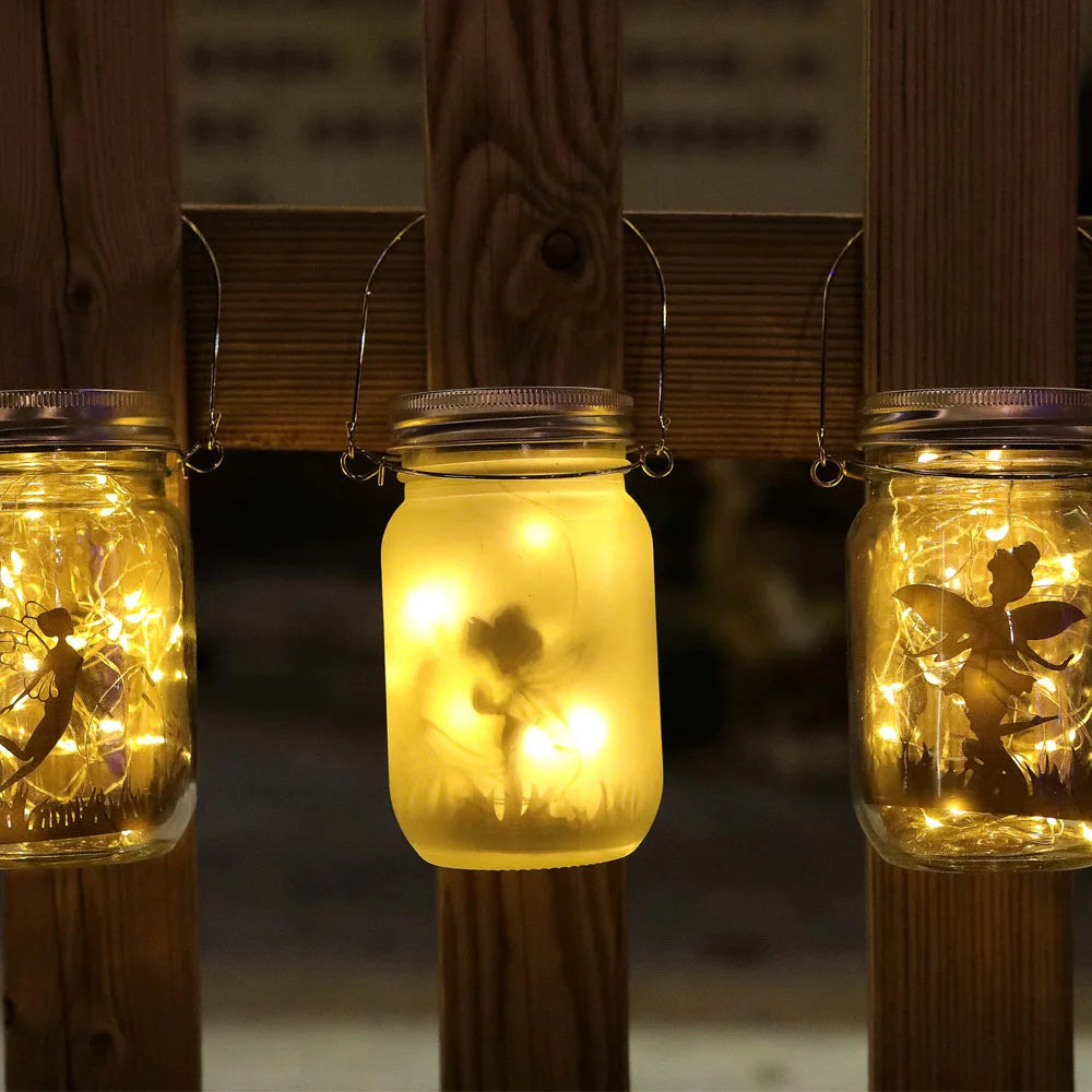 Solar Lantern Fairy Lights Garden Ornament Outdoor Hanging Frosted Tree Table Yard Patio Lawn Portable Glass Mason Jar Lamp