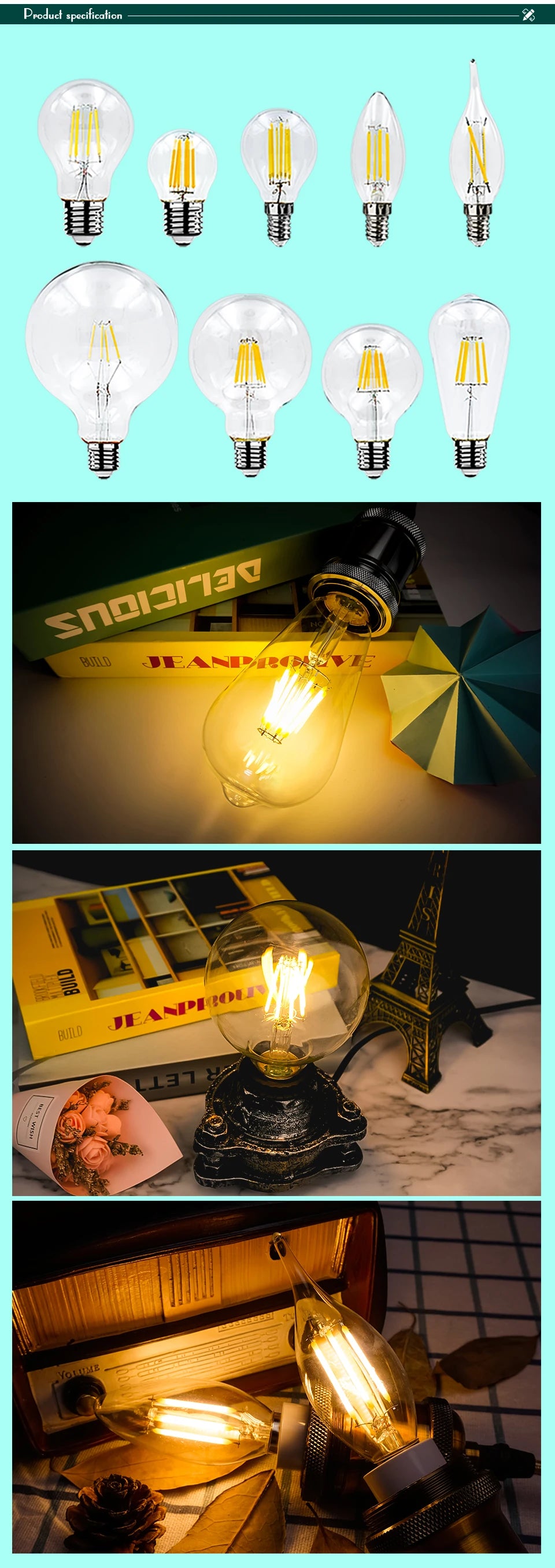 4pcs/lot Retro Edison LED Light Bulb E14 E27 AC220V 2W 4W 6W 8W Glass Vintage Filament Lampada Led Lamp Cold/Warm White Lighting
