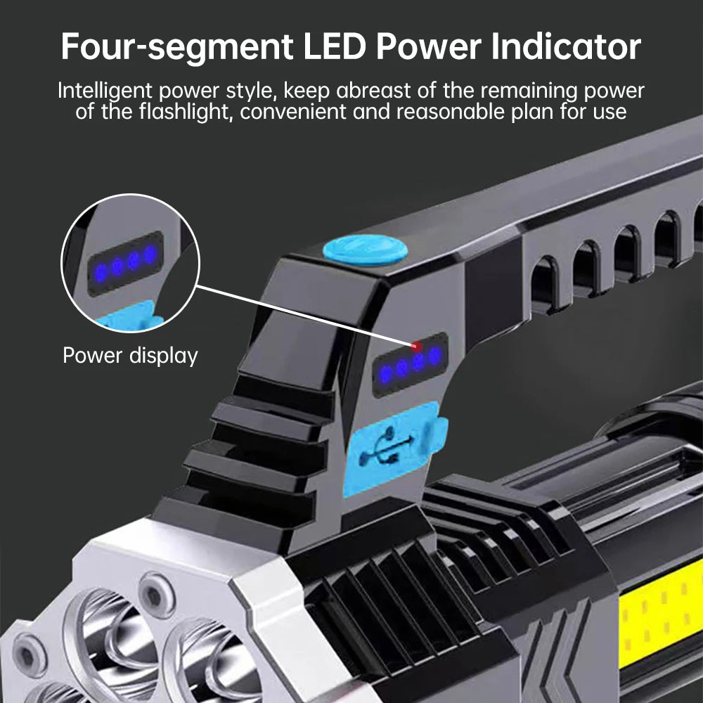 High Power 7 LED Flashlight USB Rechargeable Torch Handheld Portable Outdoor Camping Hiking Lamp ABS Material COB Side Light