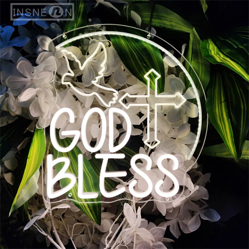 God Bless Neon Sign 3D Engraving LED Wall Decor Neon Sign Lights for Party Home Neon Lighting Sign Baptism Decoration Gifts USB