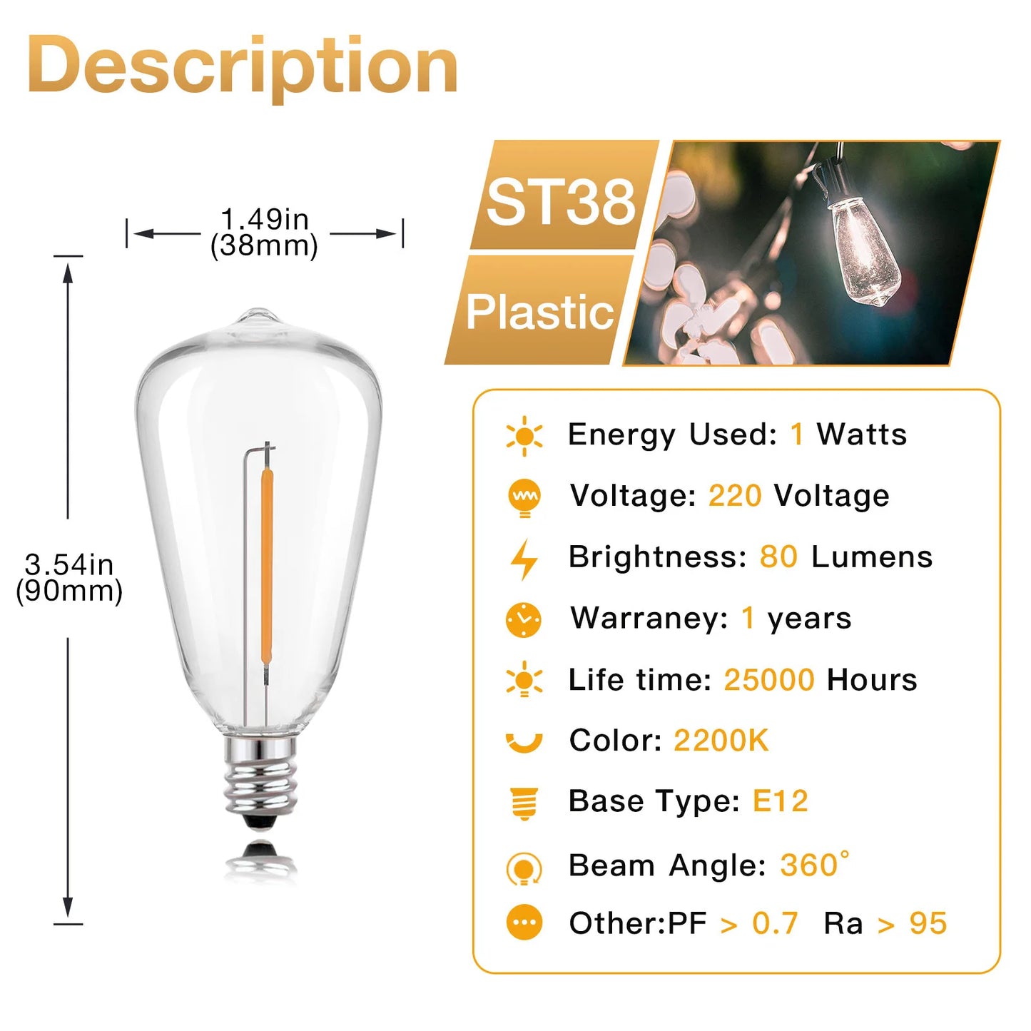Vintage ST38 Led Replacement Light Bulbs Plastic E12 1W Equvalent 7W Incandescent Decorative Shatterproof Bulbs For String Light