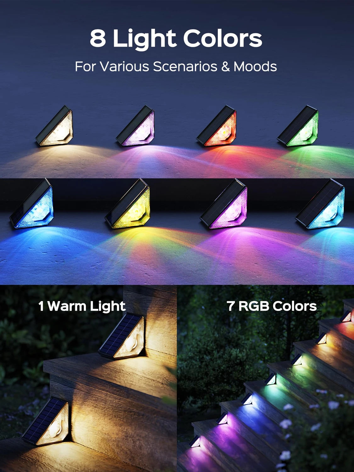 Solar Powered Deck Lights LED RGB Warm White Outdoor Step Lights for Garden Yard Stairs Patio Porch Decoration Lamp Waterproof