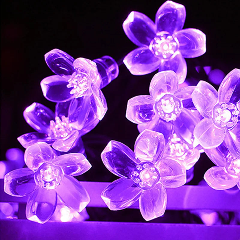 Outdoor Courtyard Solar Fairy Lights Cherry Blossoms String Lighting Lamp for Backyard Garden Lawn Fence Patio Christmas Decor
