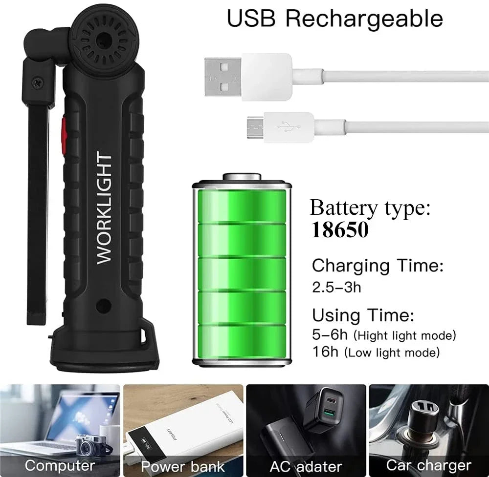 New COB LED Flashlight USB Rechargeable Built-in Battery Portable Working Light Magnetic Lantern Hanging Lamp Camping Torch