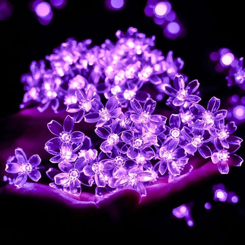 Outdoor Courtyard Solar Fairy Lights Cherry Blossoms String Lighting Lamp for Backyard Garden Lawn Fence Patio Christmas Decor