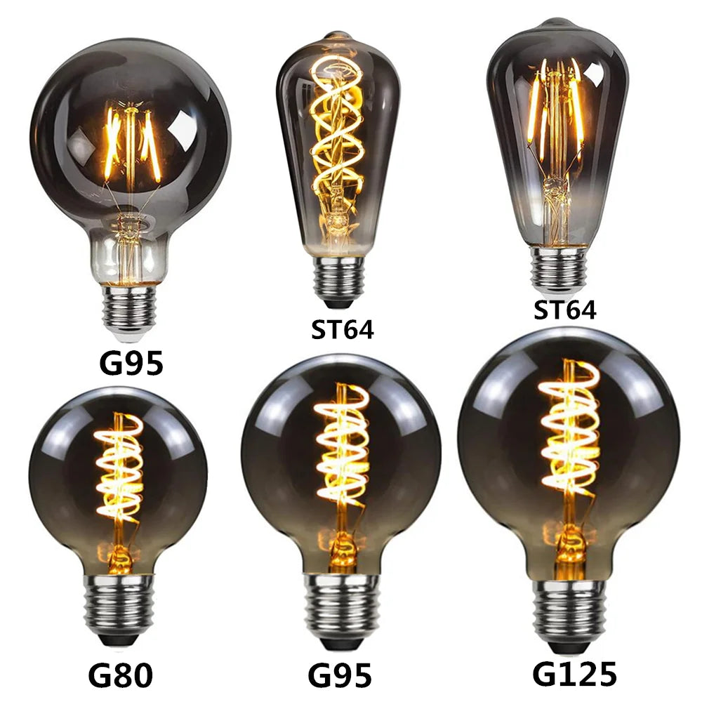 LED ST64 Smoky Gray E27 4W 6W 220V 110V Dimmable 2700K Warm GSpiral Filament Bulb Retro Vintage Decorative Lighting Edison Lamp
